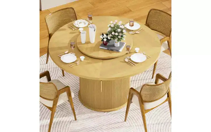 Table à manger ronde de 55 pouces pour six personnes, avec étagère de rangement à double niveau et plateau tournant. Motif à rayures ondulées. Bois naturel