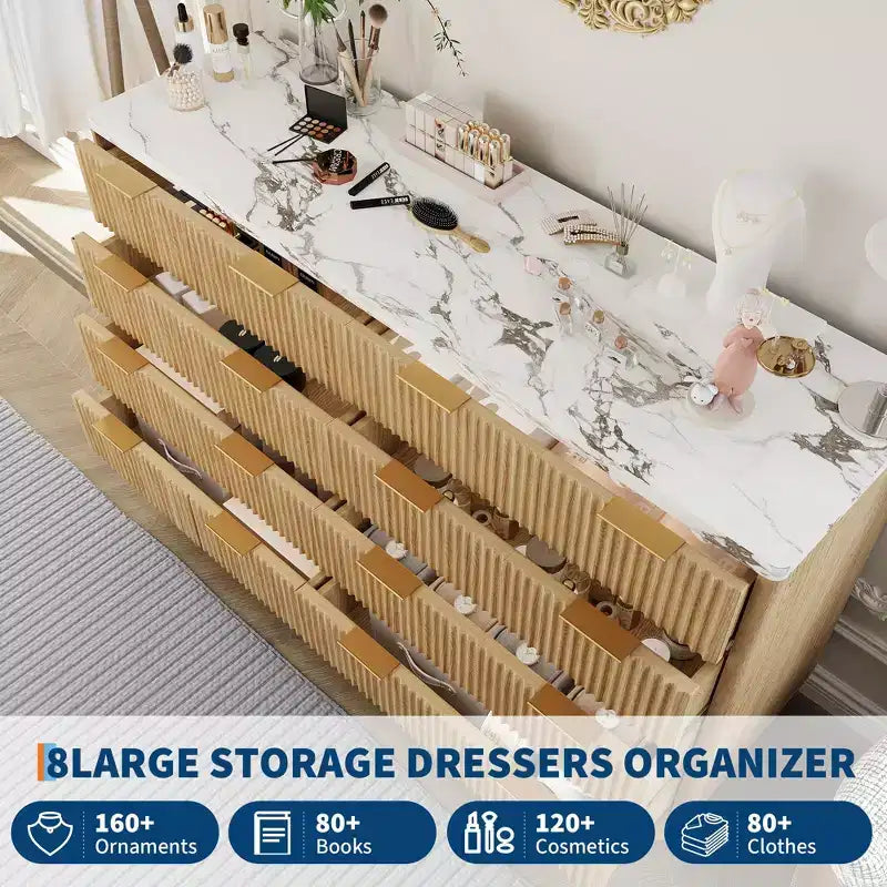 Commode, 54 pouces de large, 8 tiroirs cannelés, meuble de rangement moderne en bois, organisateur de placard et meuble TV