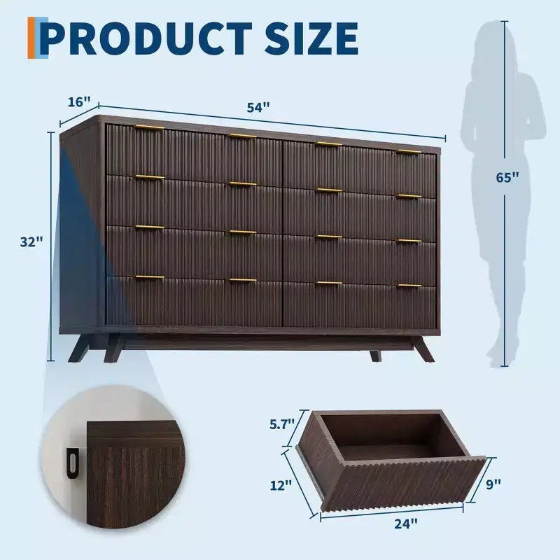 Commode, 54 pouces de large, 8 tiroirs cannelés, meuble de rangement moderne en bois, organisateur de placard et meuble TV