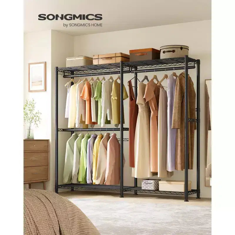 Portant à vêtements, robuste avec étagères de rangement réglables et tringles de suspension, crochets, armoire-penderie portable, blanc nuage