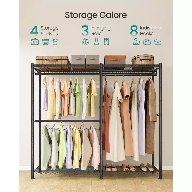 Portant à vêtements, robuste avec étagères de rangement réglables et tringles de suspension, crochets, armoire-penderie portable, blanc nuage