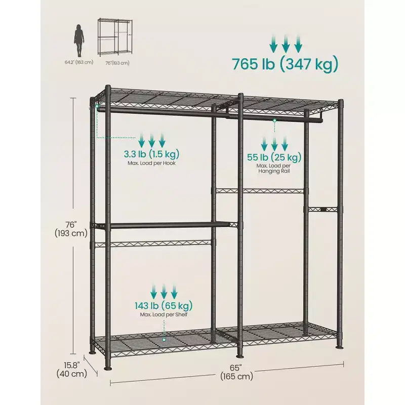 Portant à vêtements, robuste avec étagères de rangement réglables et tringles de suspension, crochets, armoire-penderie portable, blanc nuage