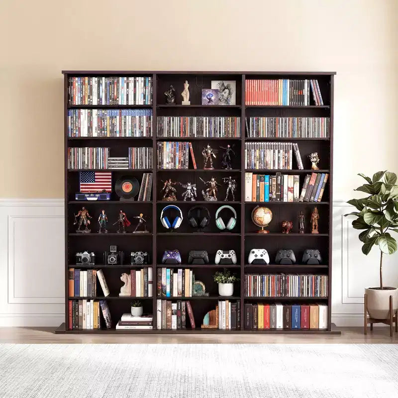 Meuble de rangement multimédia, organisateur de DVD à 8 niveaux, 142 x 22 x 130 cm, pour CD, DVD, livres et jeux, marron