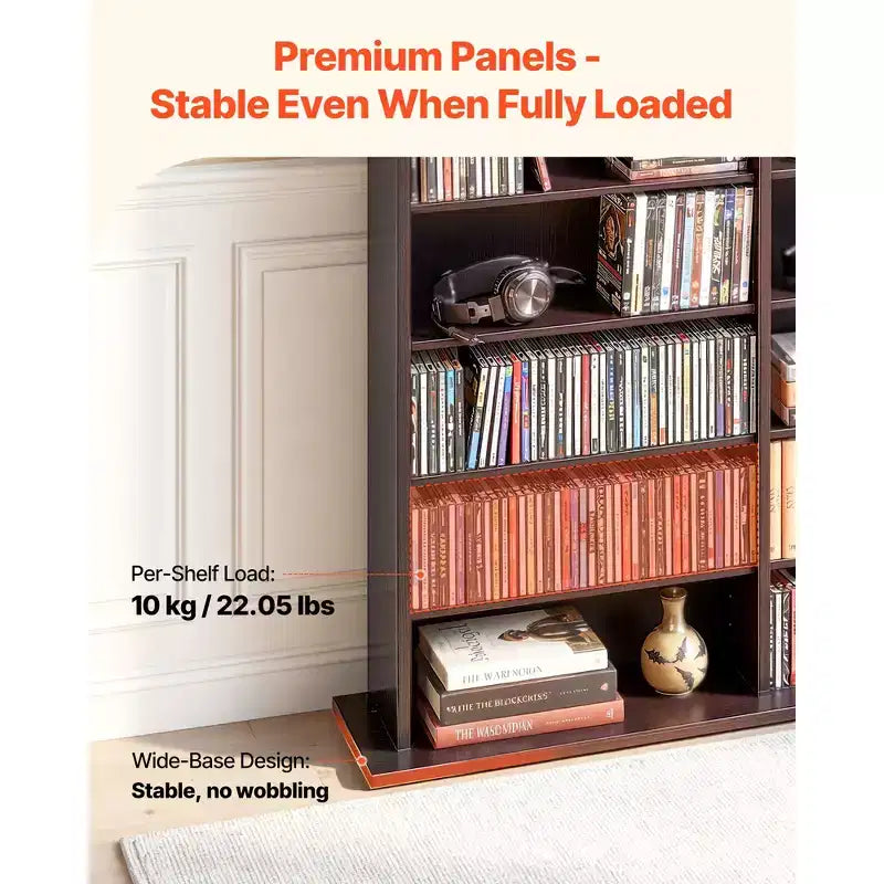 Meuble de rangement multimédia, organisateur de DVD à 8 niveaux, 142 x 22 x 130 cm, pour CD, DVD, livres et jeux, marron