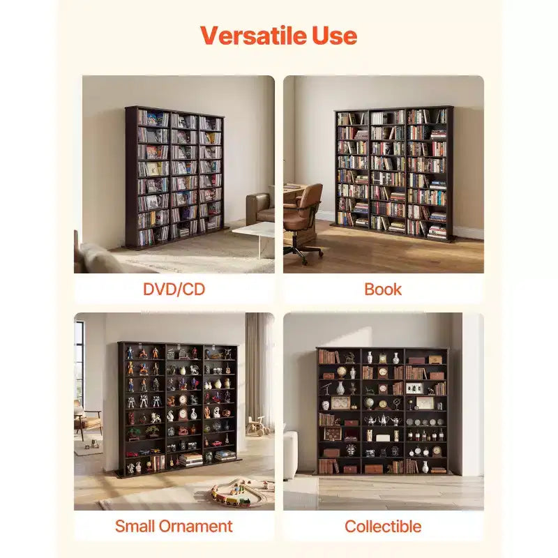 Meuble de rangement multimédia, organisateur de DVD à 8 niveaux, 142 x 22 x 130 cm, pour CD, DVD, livres et jeux, marron
