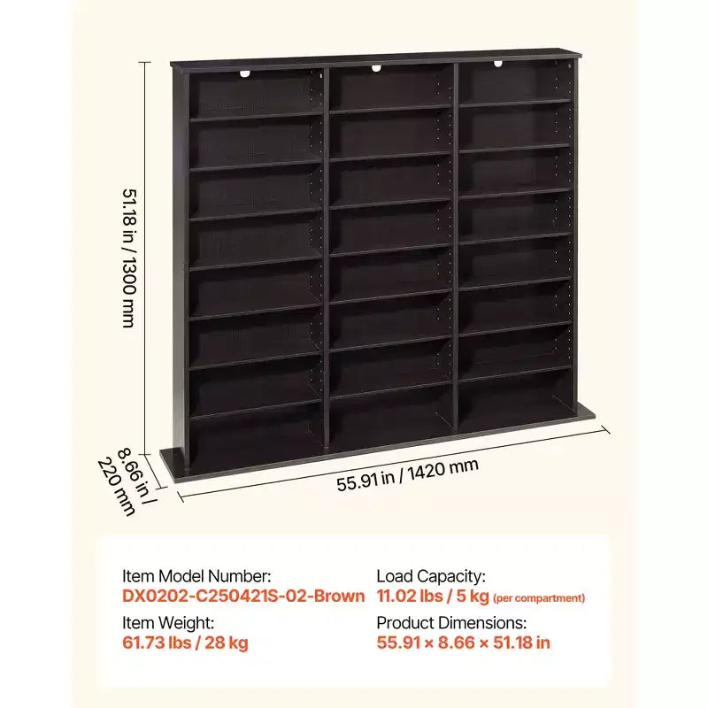 Meuble de rangement multimédia, organisateur de DVD à 8 niveaux, 142 x 22 x 130 cm, pour CD, DVD, livres et jeux, marron
