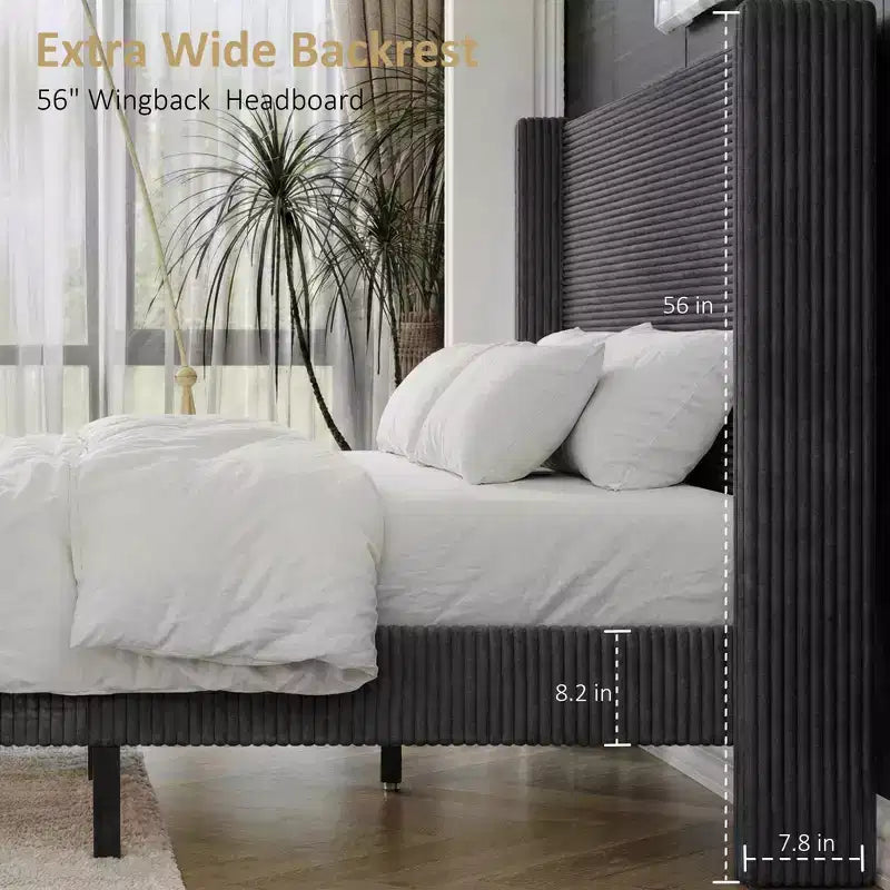 Cadre de lit Queen Size avec tête de lit capitonnée en velours côtelé de 56 po, cadre de lit rembourré en bois épais avec ailes, pas besoin de sommier tapissier, montage facile