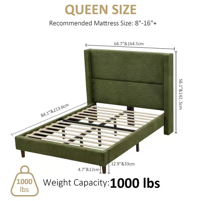 Cadre de lit Queen Size avec tête de lit capitonnée en velours côtelé de 56 po, cadre de lit rembourré en bois épais avec ailes, pas besoin de sommier tapissier, montage facile
