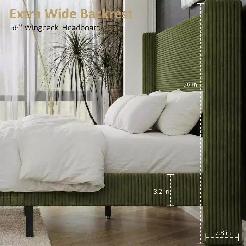 Cadre de lit Queen Size avec tête de lit capitonnée en velours côtelé de 56 po, cadre de lit rembourré en bois épais avec ailes, pas besoin de sommier tapissier, montage facile