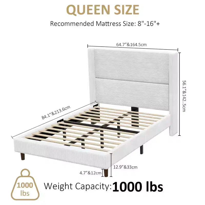 Cadre de lit Queen Size avec tête de lit capitonnée en velours côtelé de 56 po, cadre de lit rembourré en bois épais avec ailes, pas besoin de sommier tapissier, montage facile