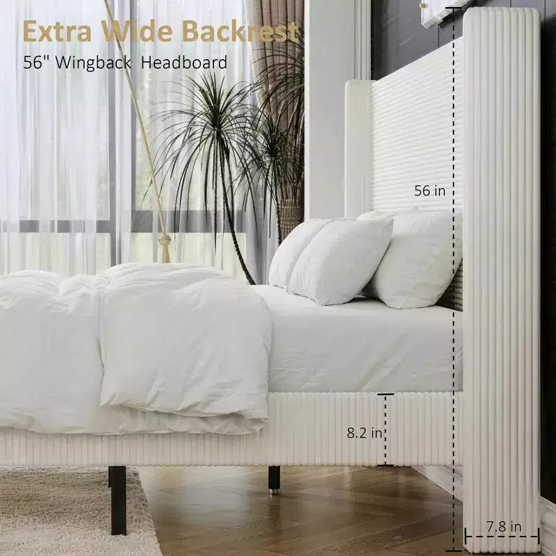 Cadre de lit Queen Size avec tête de lit capitonnée en velours côtelé de 56 po, cadre de lit rembourré en bois épais avec ailes, pas besoin de sommier tapissier, montage facile