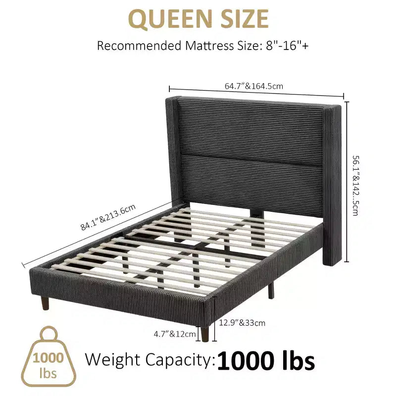 Cadre de lit Queen Size avec tête de lit capitonnée en velours côtelé de 56 po, cadre de lit rembourré en bois épais avec ailes, pas besoin de sommier tapissier, montage facile