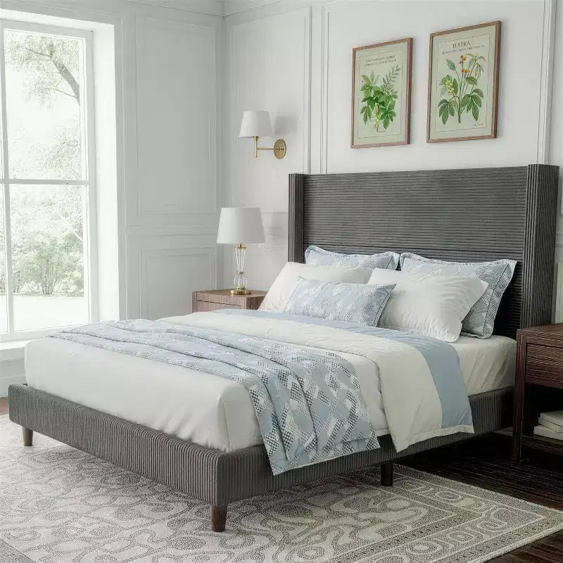 Cadre de lit Queen Size avec tête de lit capitonnée en velours côtelé de 56 po, cadre de lit rembourré en bois épais avec ailes, pas besoin de sommier tapissier, montage facile
