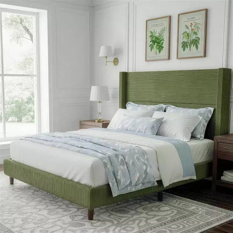 Cadre de lit Queen Size avec tête de lit capitonnée en velours côtelé de 56 po, cadre de lit rembourré en bois épais avec ailes, pas besoin de sommier tapissier, montage facile