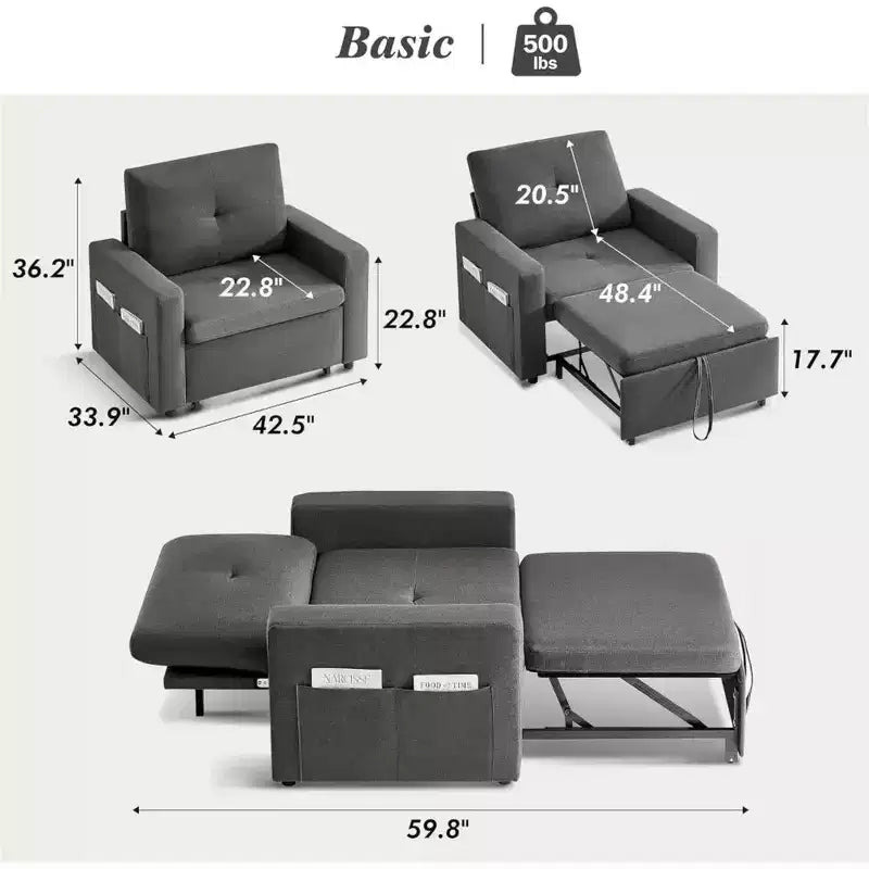 Fauteuil-lit convertible 3-en-1 extra large de 42,5 po avec dossier inclinable à 5 positions et poches latérales pour petits espaces