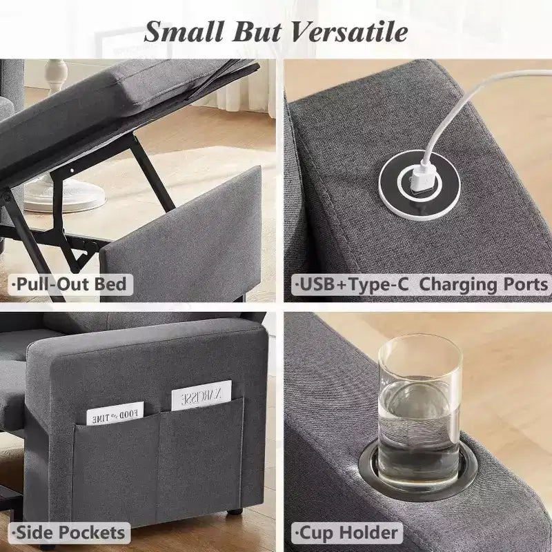 Fauteuil-lit convertible 3-en-1 extra large de 42,5 po avec dossier inclinable à 5 positions et poches latérales pour petits espaces