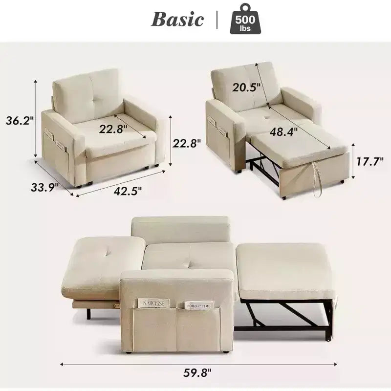 Fauteuil-lit convertible 3-en-1 extra large de 42,5 po avec dossier inclinable à 5 positions et poches latérales pour petits espaces