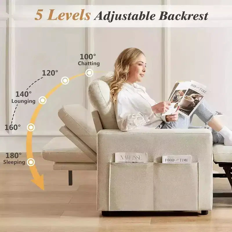 Fauteuil-lit convertible 3-en-1 extra large de 42,5 po avec dossier inclinable à 5 positions et poches latérales pour petits espaces