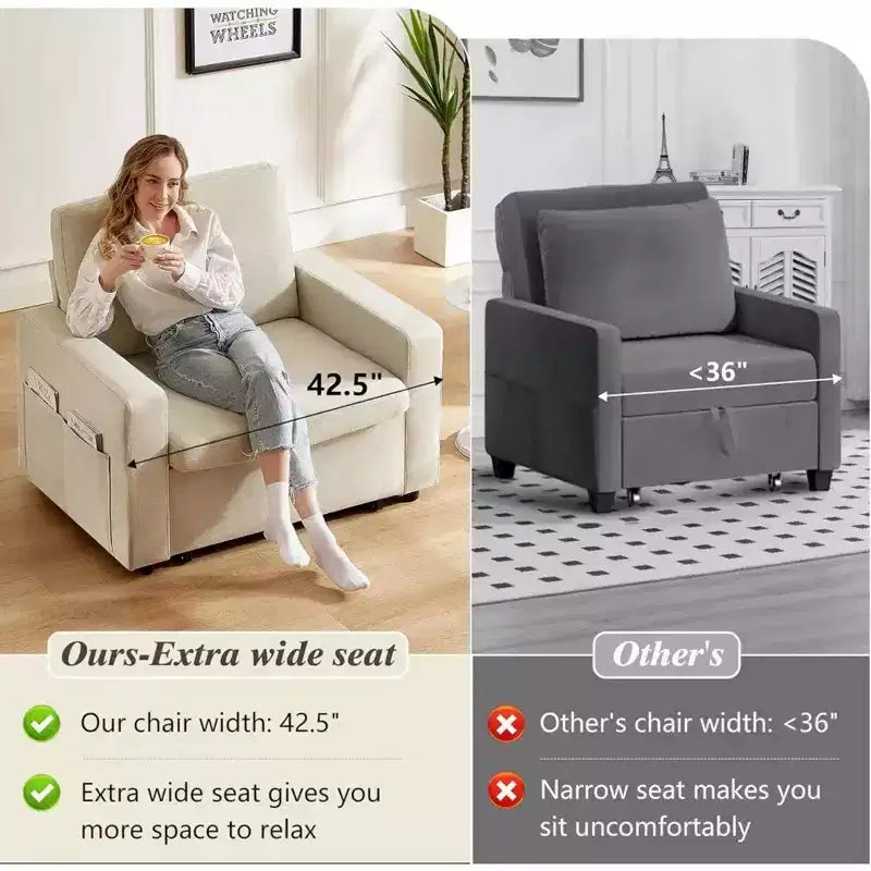 Fauteuil-lit convertible 3-en-1 extra large de 42,5 po avec dossier inclinable à 5 positions et poches latérales pour petits espaces
