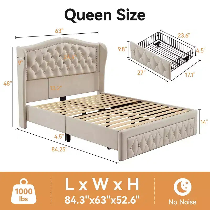 Cadre de lit Queen, lit plateforme tapissé de velours avec 2 tiroirs de rangement, tête de lit haute de 133,6 cm avec ailes et capitonnage vertical