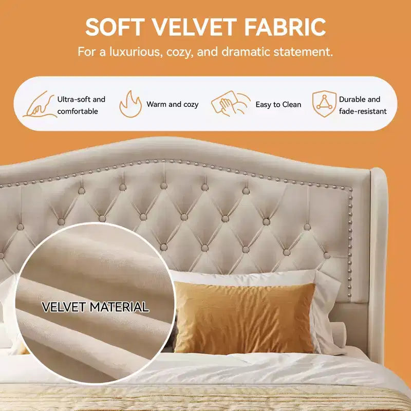 Cadre de lit Queen, lit plateforme tapissé de velours avec 2 tiroirs de rangement, tête de lit haute de 133,6 cm avec ailes et capitonnage vertical