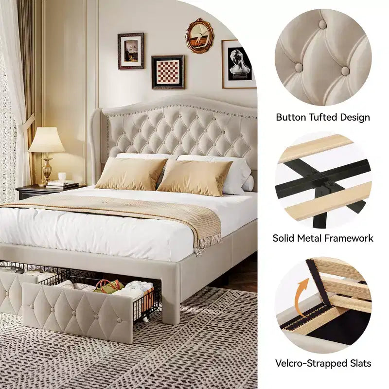 Cadre de lit Queen, lit plateforme tapissé de velours avec 2 tiroirs de rangement, tête de lit haute de 133,6 cm avec ailes et capitonnage vertical