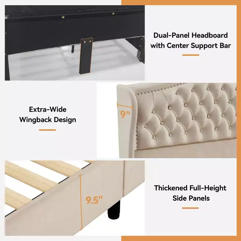 Cadre de lit Queen, lit plateforme tapissé de velours avec 2 tiroirs de rangement, tête de lit haute de 133,6 cm avec ailes et capitonnage vertical