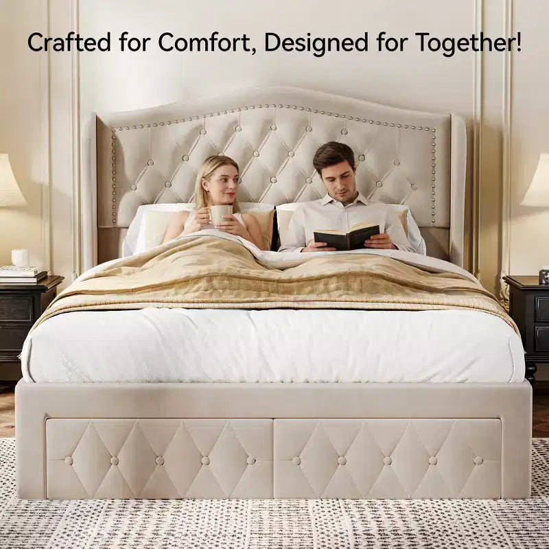 Cadre de lit Queen, lit plateforme tapissé de velours avec 2 tiroirs de rangement, tête de lit haute de 133,6 cm avec ailes et capitonnage vertical