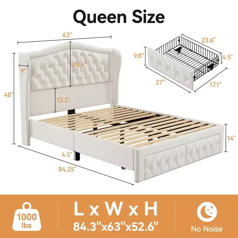 Cadre de lit Queen, lit plateforme tapissé de velours avec 2 tiroirs de rangement, tête de lit haute de 133,6 cm avec ailes et capitonnage vertical