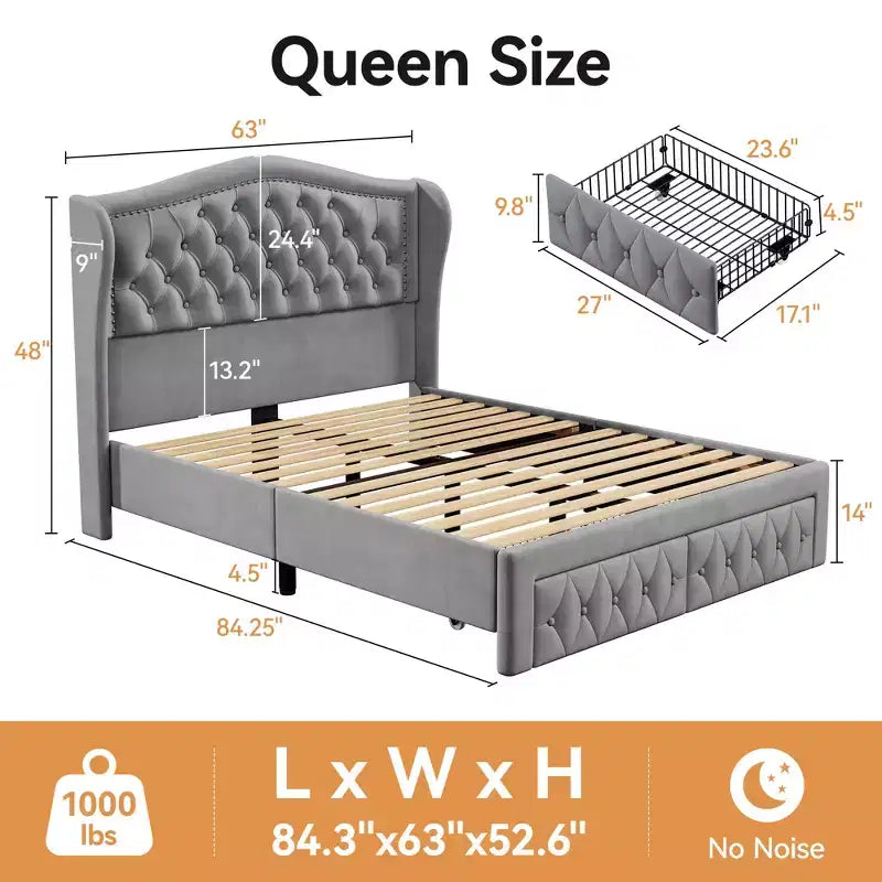 Cadre de lit Queen, lit plateforme tapissé de velours avec 2 tiroirs de rangement, tête de lit haute de 133,6 cm avec ailes et capitonnage vertical
