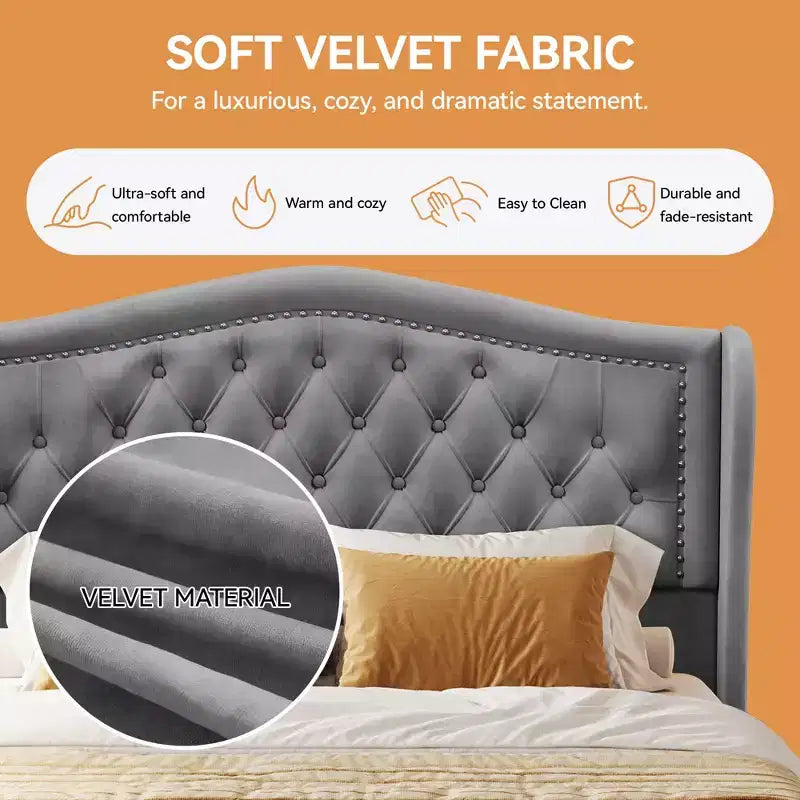 Cadre de lit Queen, lit plateforme tapissé de velours avec 2 tiroirs de rangement, tête de lit haute de 133,6 cm avec ailes et capitonnage vertical