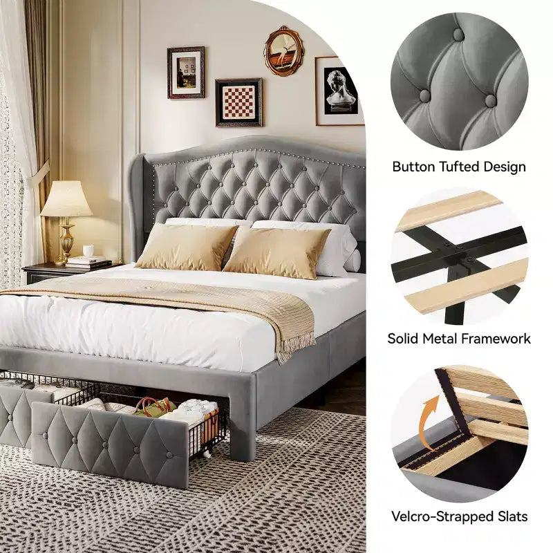Cadre de lit Queen, lit plateforme tapissé de velours avec 2 tiroirs de rangement, tête de lit haute de 133,6 cm avec ailes et capitonnage vertical