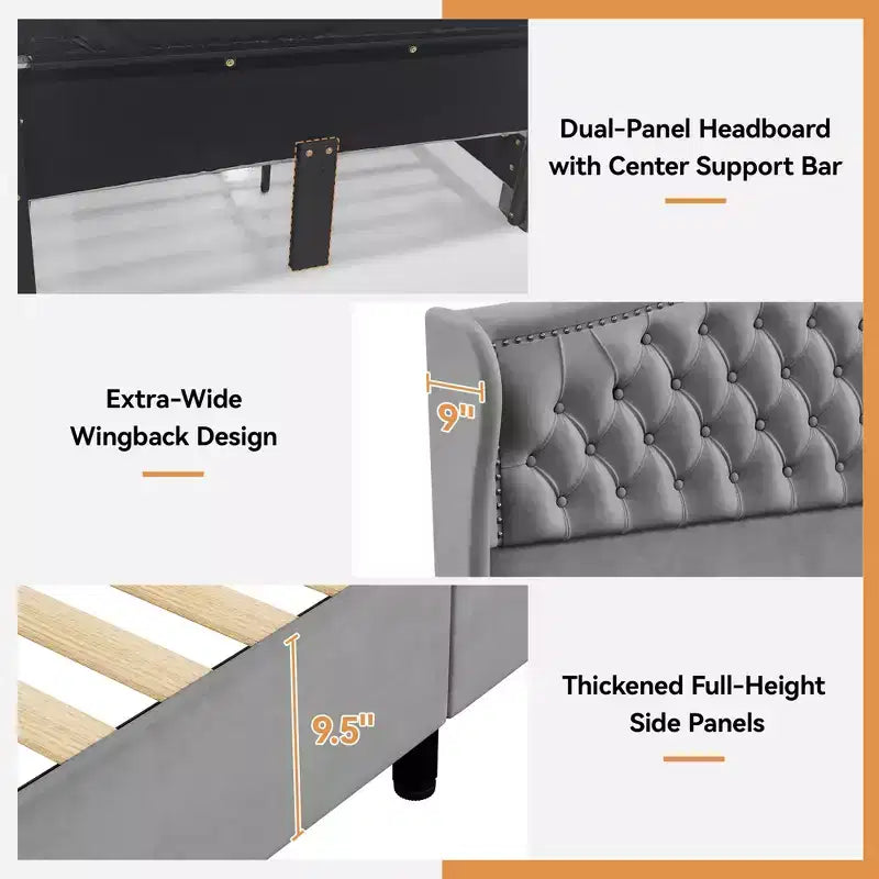 Cadre de lit Queen, lit plateforme tapissé de velours avec 2 tiroirs de rangement, tête de lit haute de 133,6 cm avec ailes et capitonnage vertical