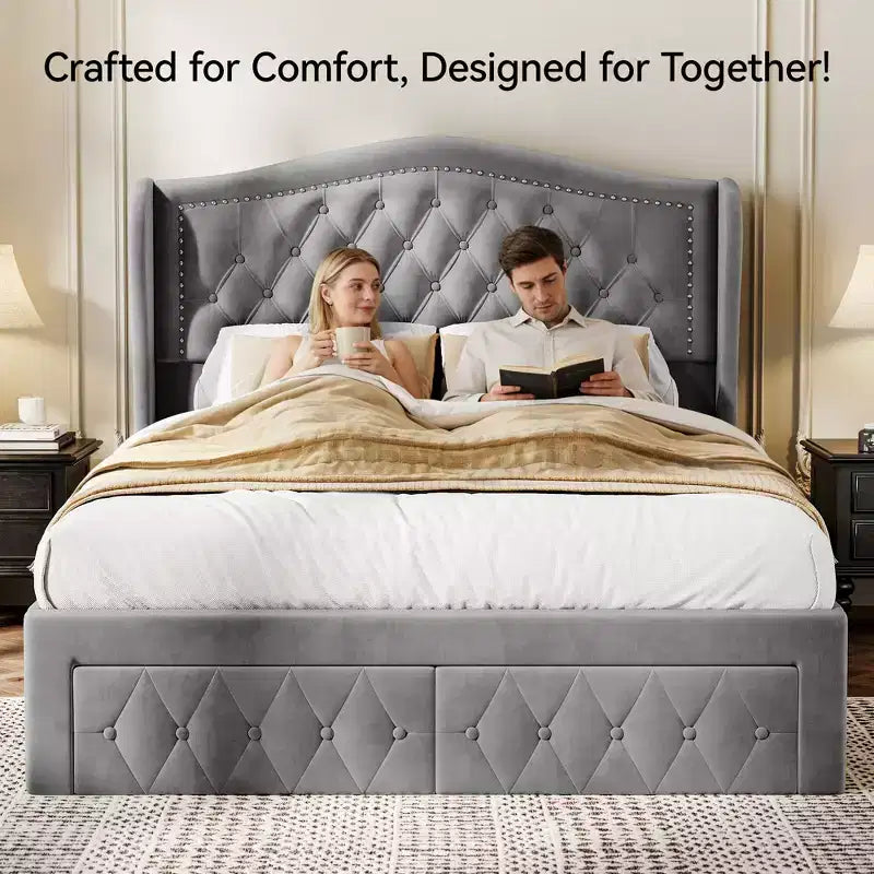 Cadre de lit Queen, lit plateforme tapissé de velours avec 2 tiroirs de rangement, tête de lit haute de 133,6 cm avec ailes et capitonnage vertical