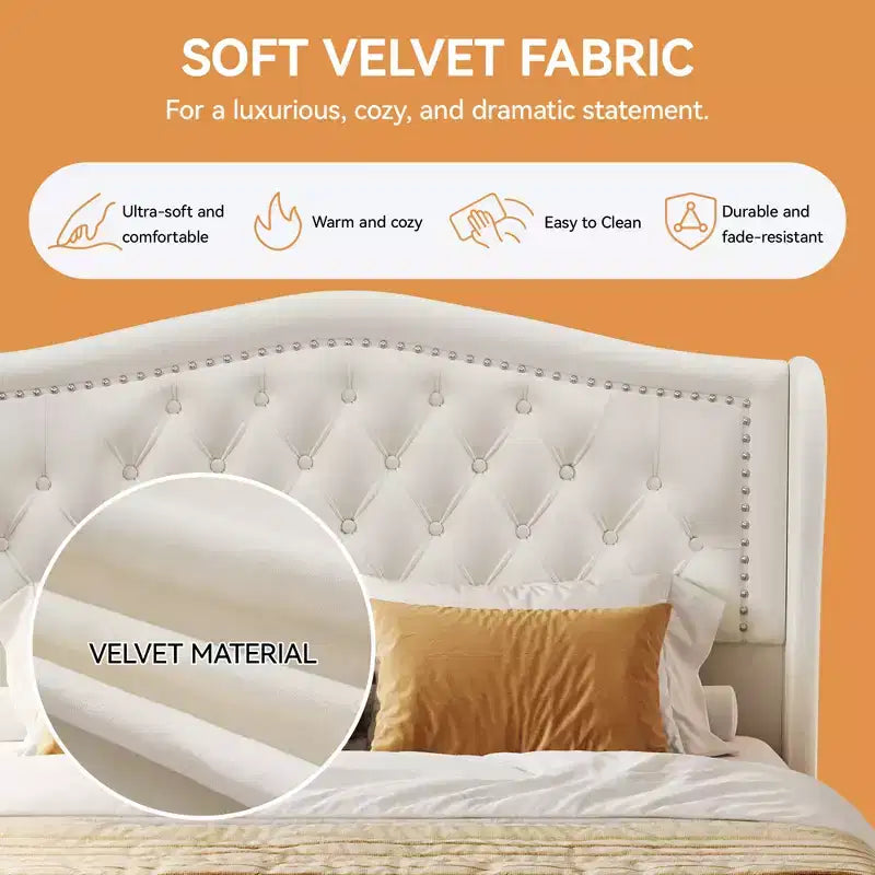 Cadre de lit Queen, lit plateforme tapissé de velours avec 2 tiroirs de rangement, tête de lit haute de 133,6 cm avec ailes et capitonnage vertical