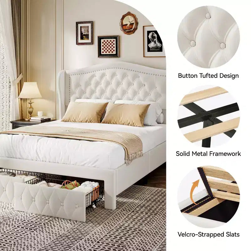 Cadre de lit Queen, lit plateforme tapissé de velours avec 2 tiroirs de rangement, tête de lit haute de 133,6 cm avec ailes et capitonnage vertical