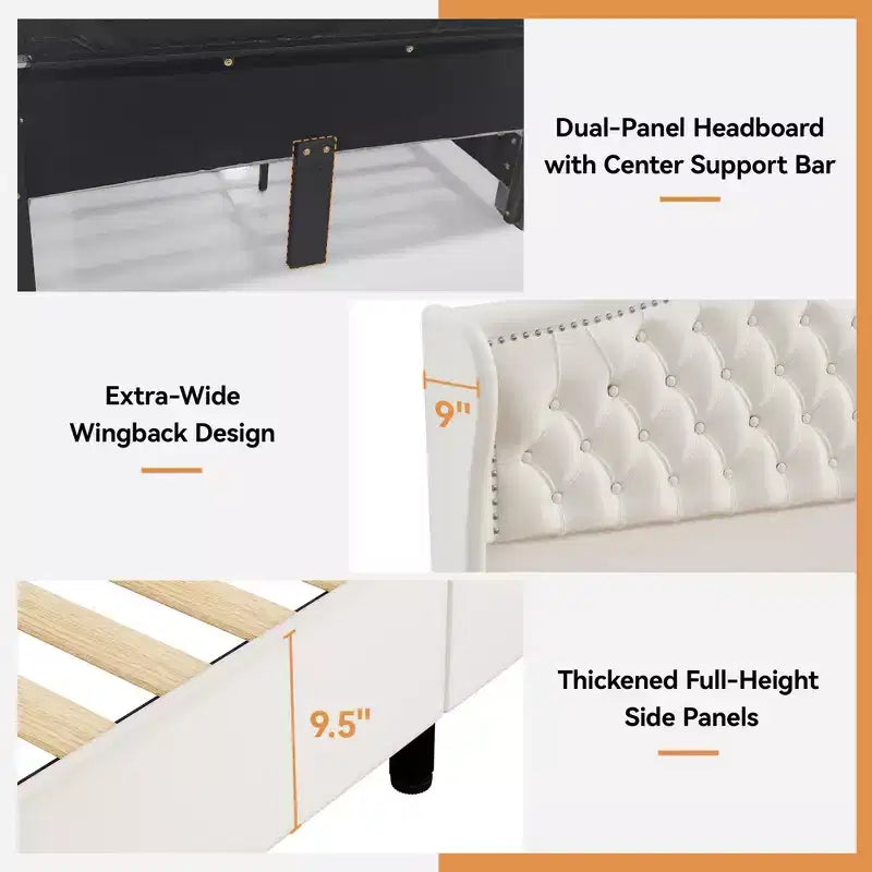Cadre de lit Queen, lit plateforme tapissé de velours avec 2 tiroirs de rangement, tête de lit haute de 133,6 cm avec ailes et capitonnage vertical