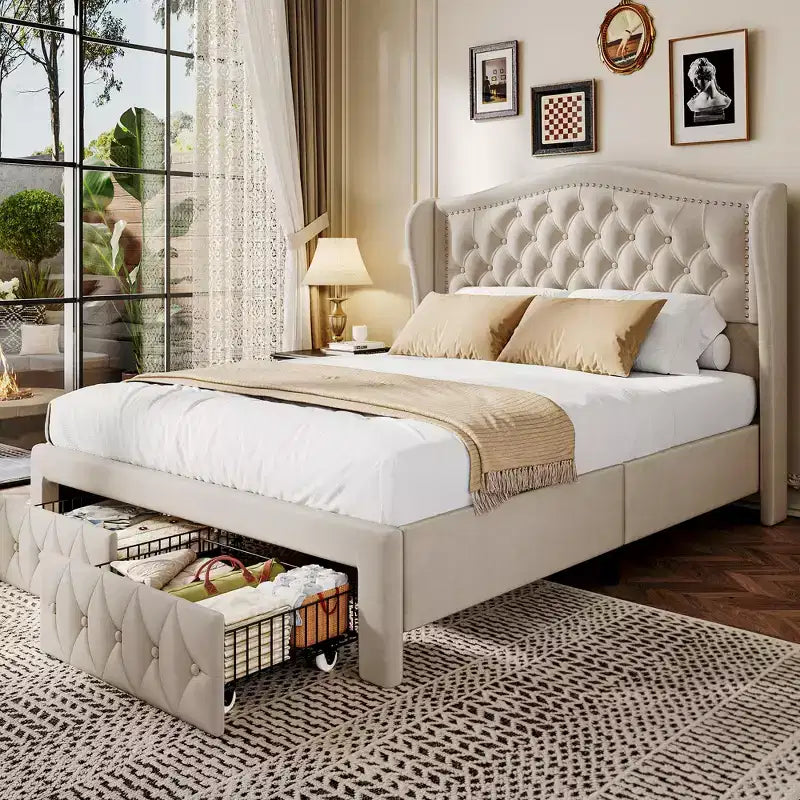 Cadre de lit Queen, lit plateforme tapissé de velours avec 2 tiroirs de rangement, tête de lit haute de 133,6 cm avec ailes et capitonnage vertical