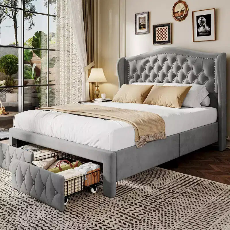 Cadre de lit Queen, lit plateforme tapissé de velours avec 2 tiroirs de rangement, tête de lit haute de 133,6 cm avec ailes et capitonnage vertical
