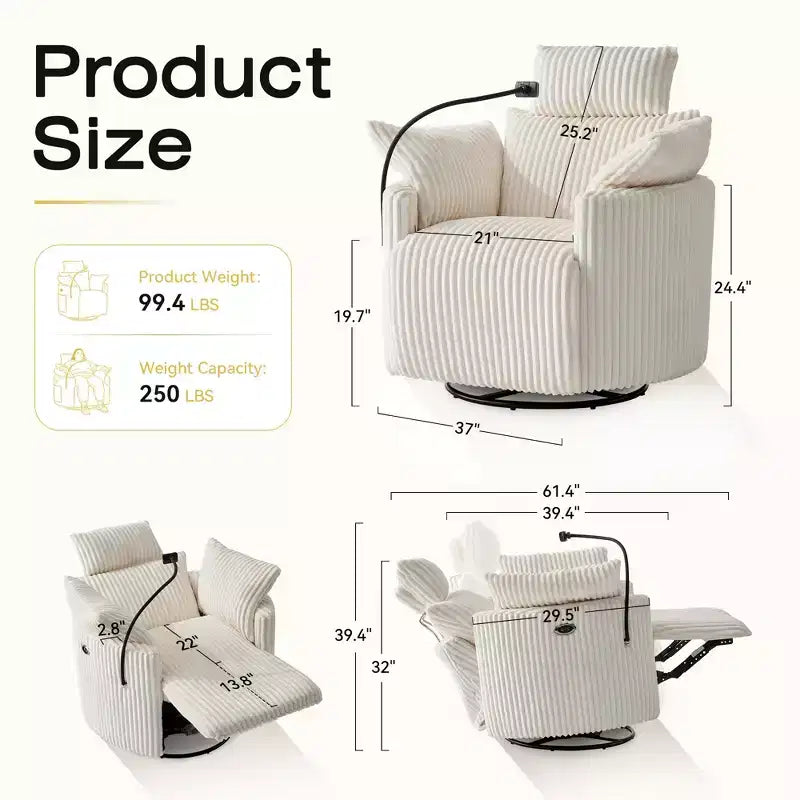 Fauteuil inclinable en velours côtelé, fauteuil pivotant 210 avec dossier et repose-pieds réglables, fauteuil à bascule avec support de téléphone -