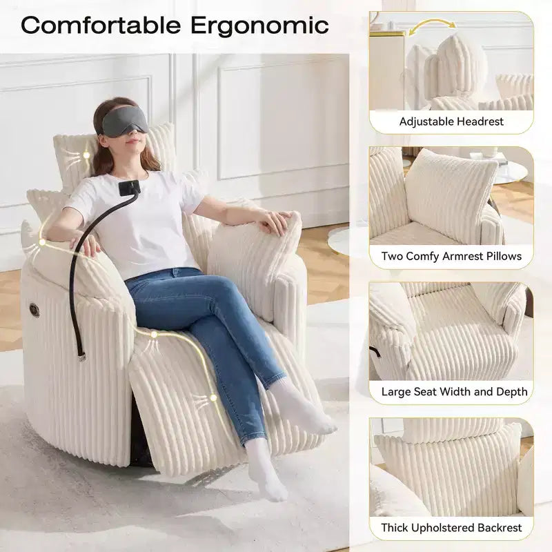 Fauteuil inclinable en velours côtelé, fauteuil pivotant 210 avec dossier et repose-pieds réglables, fauteuil à bascule avec support de téléphone -