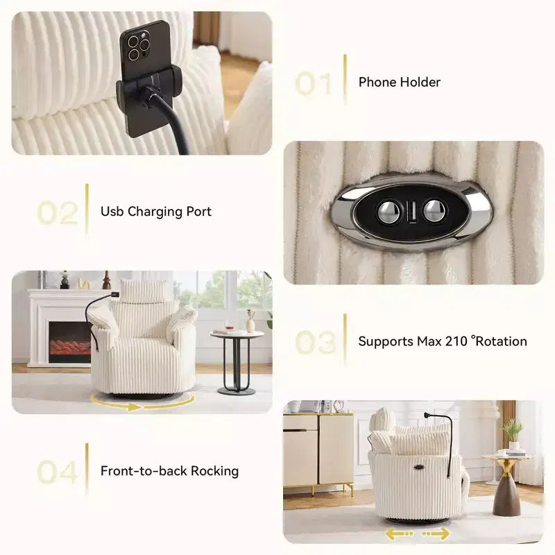Fauteuil inclinable en velours côtelé, fauteuil pivotant 210 avec dossier et repose-pieds réglables, fauteuil à bascule avec support de téléphone -