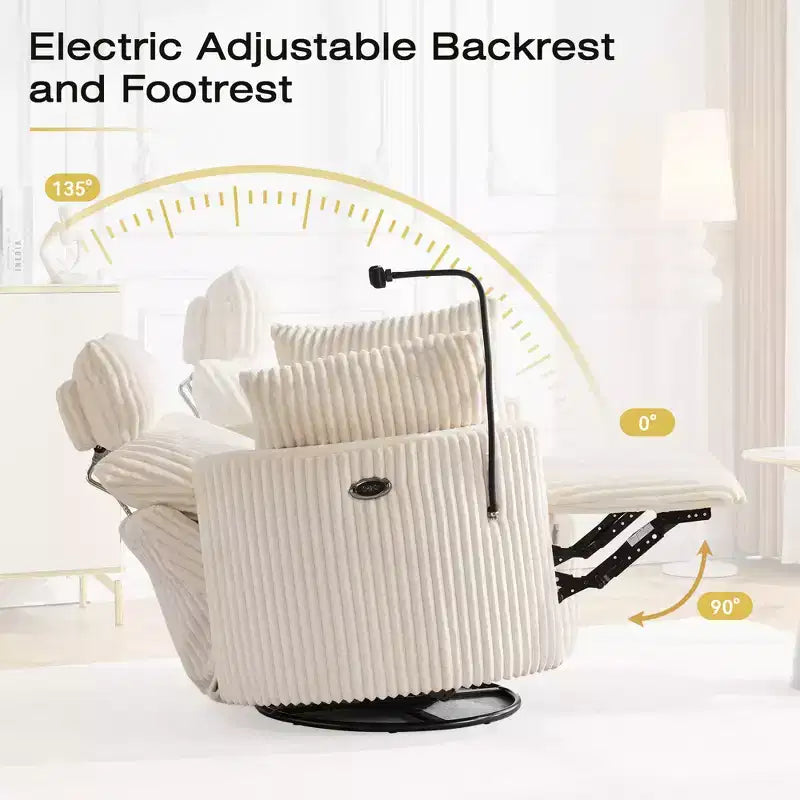 Fauteuil inclinable en velours côtelé, fauteuil pivotant 210 avec dossier et repose-pieds réglables, fauteuil à bascule avec support de téléphone -