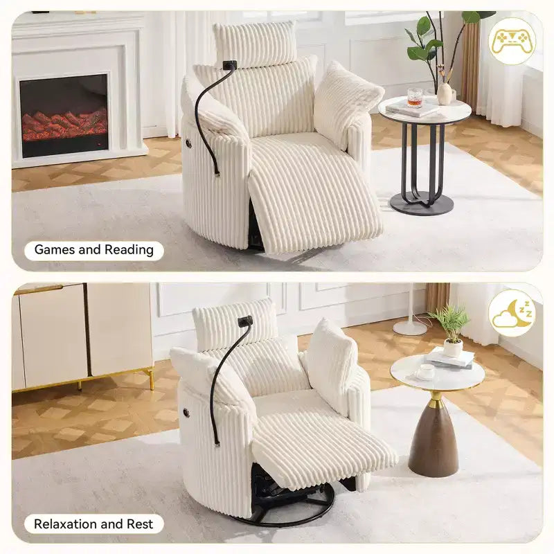 Fauteuil inclinable en velours côtelé, fauteuil pivotant 210 avec dossier et repose-pieds réglables, fauteuil à bascule avec support de téléphone -
