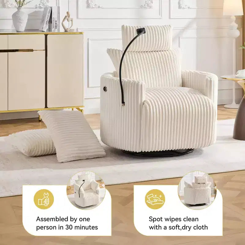 Fauteuil inclinable en velours côtelé, fauteuil pivotant 210 avec dossier et repose-pieds réglables, fauteuil à bascule avec support de téléphone -