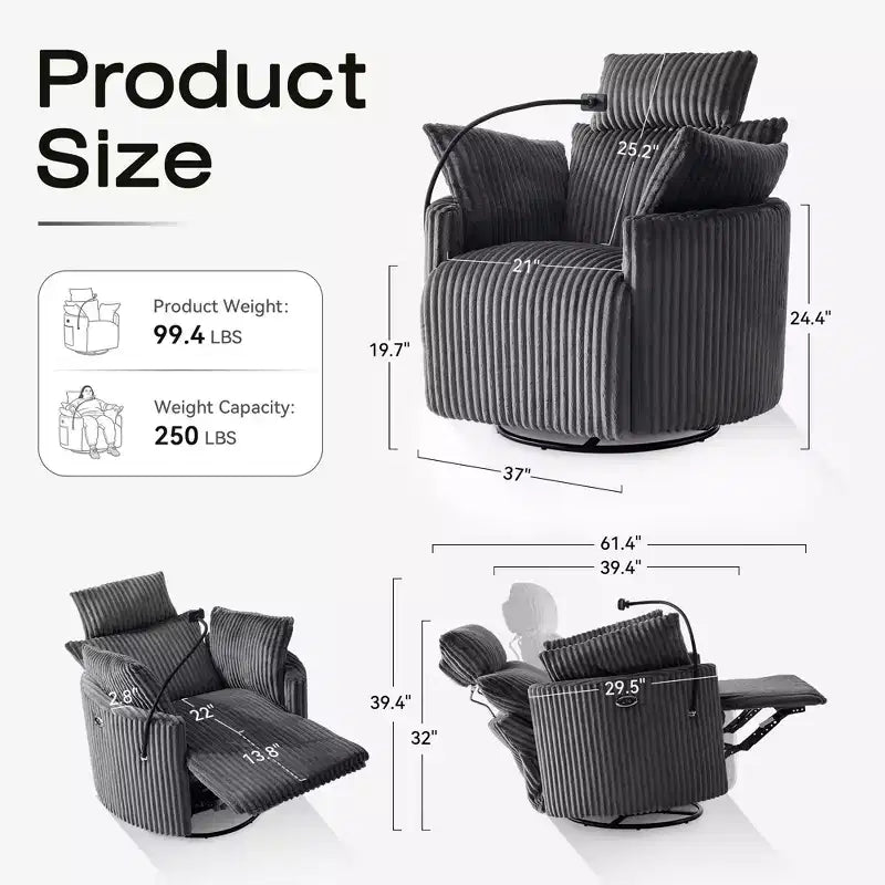 Fauteuil inclinable en velours côtelé, fauteuil pivotant 210 avec dossier et repose-pieds réglables, fauteuil à bascule avec support de téléphone -