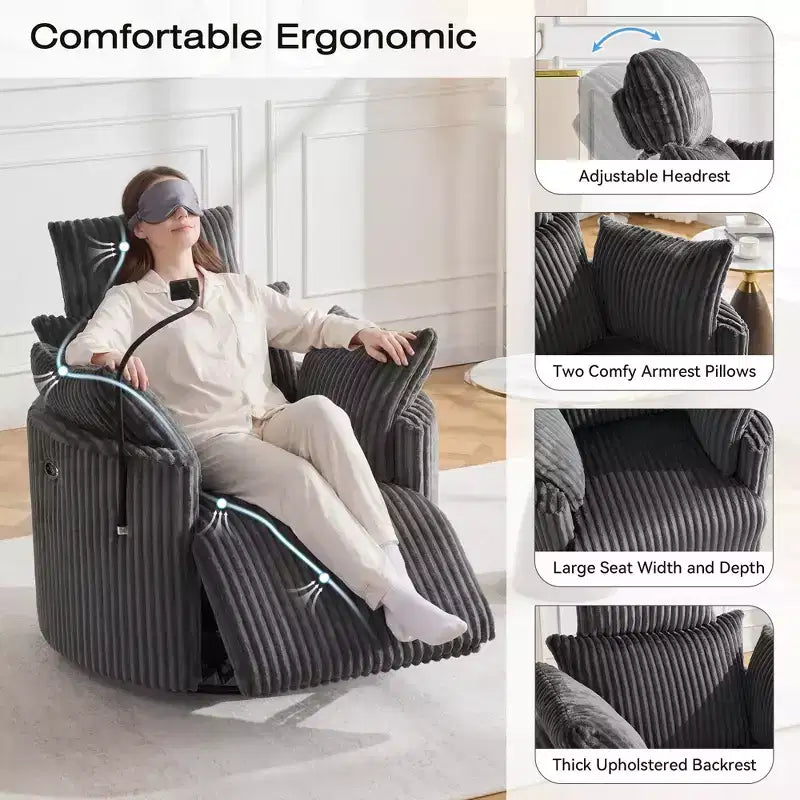 Fauteuil inclinable en velours côtelé, fauteuil pivotant 210 avec dossier et repose-pieds réglables, fauteuil à bascule avec support de téléphone -