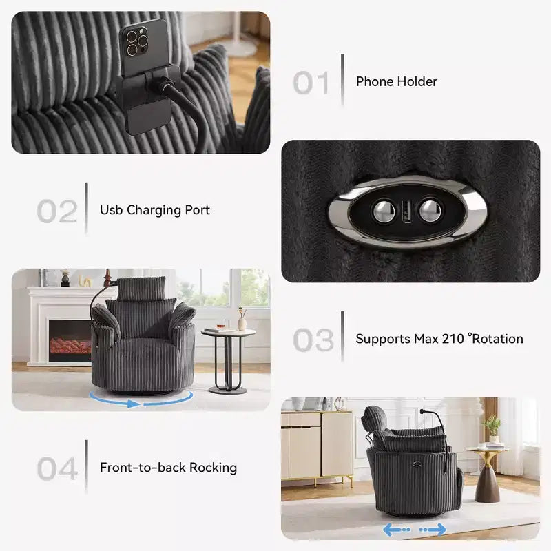 Fauteuil inclinable en velours côtelé, fauteuil pivotant 210 avec dossier et repose-pieds réglables, fauteuil à bascule avec support de téléphone -
