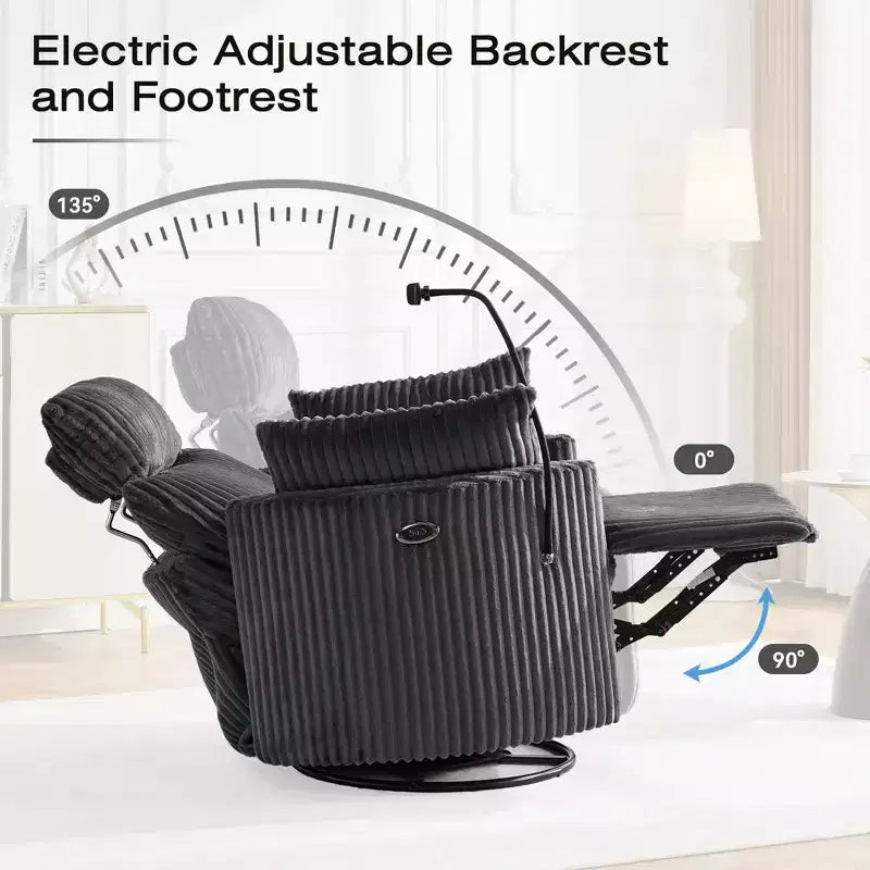 Fauteuil inclinable en velours côtelé, fauteuil pivotant 210 avec dossier et repose-pieds réglables, fauteuil à bascule avec support de téléphone -
