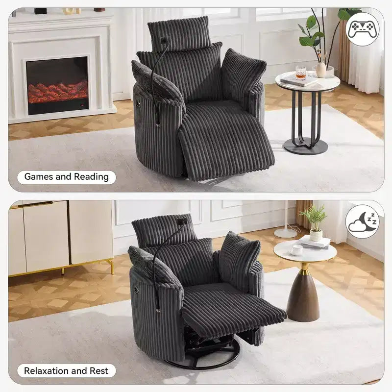 Fauteuil inclinable en velours côtelé, fauteuil pivotant 210 avec dossier et repose-pieds réglables, fauteuil à bascule avec support de téléphone -
